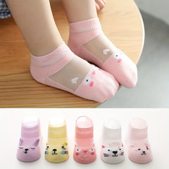 5 Pairs Kids Summer Thin Breathable Mesh Cotton Socks, Cartoon Short Socks