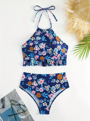 Floral Print Ruffle Trim Halter 2 Piece Set Tankini