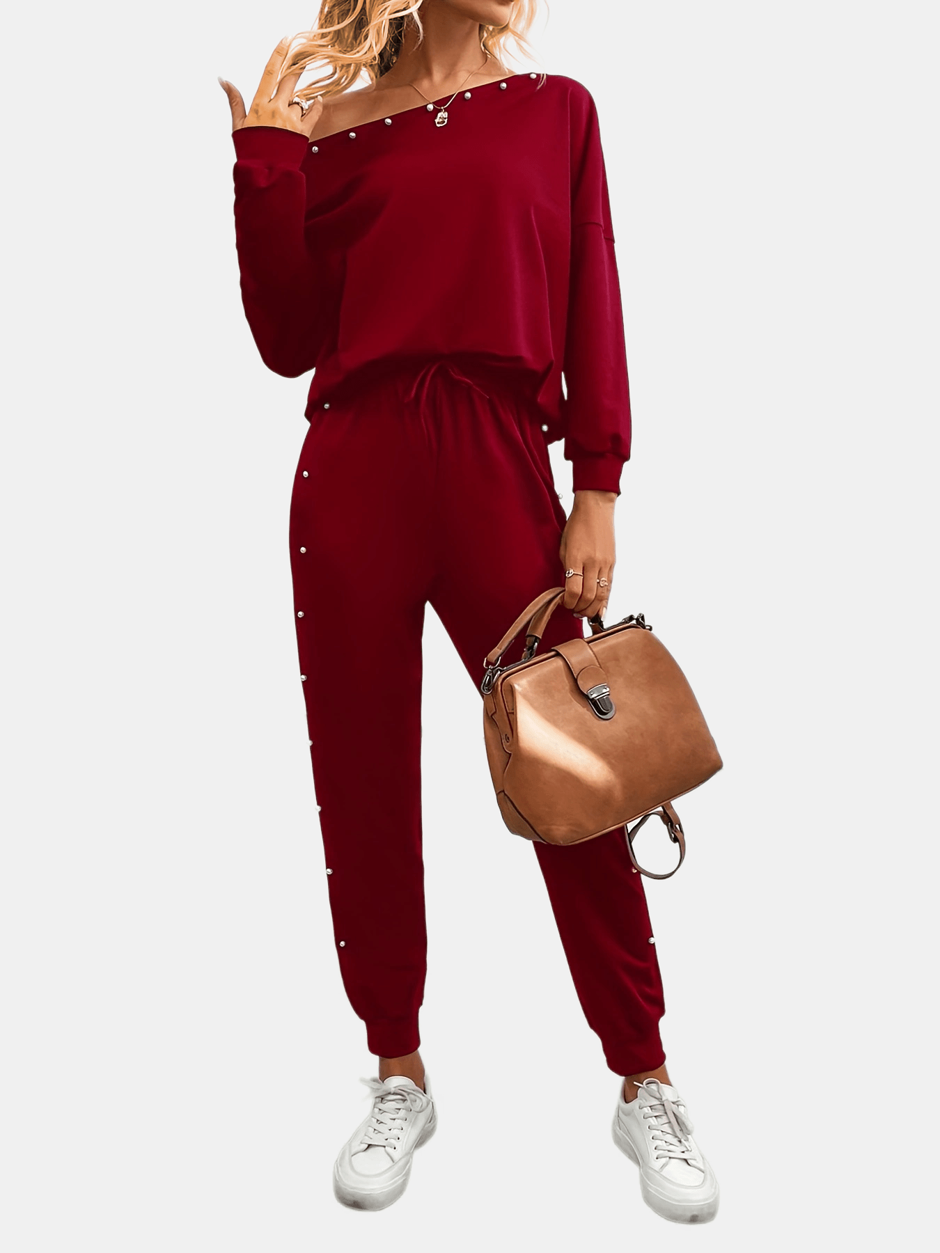 Beaded Decor Two piece Set Cold Shoulder Top & Joggers