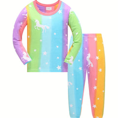 Girls 2pcs Pajamas Set Colorful Star Unicorn Print Round Neck Loungewear