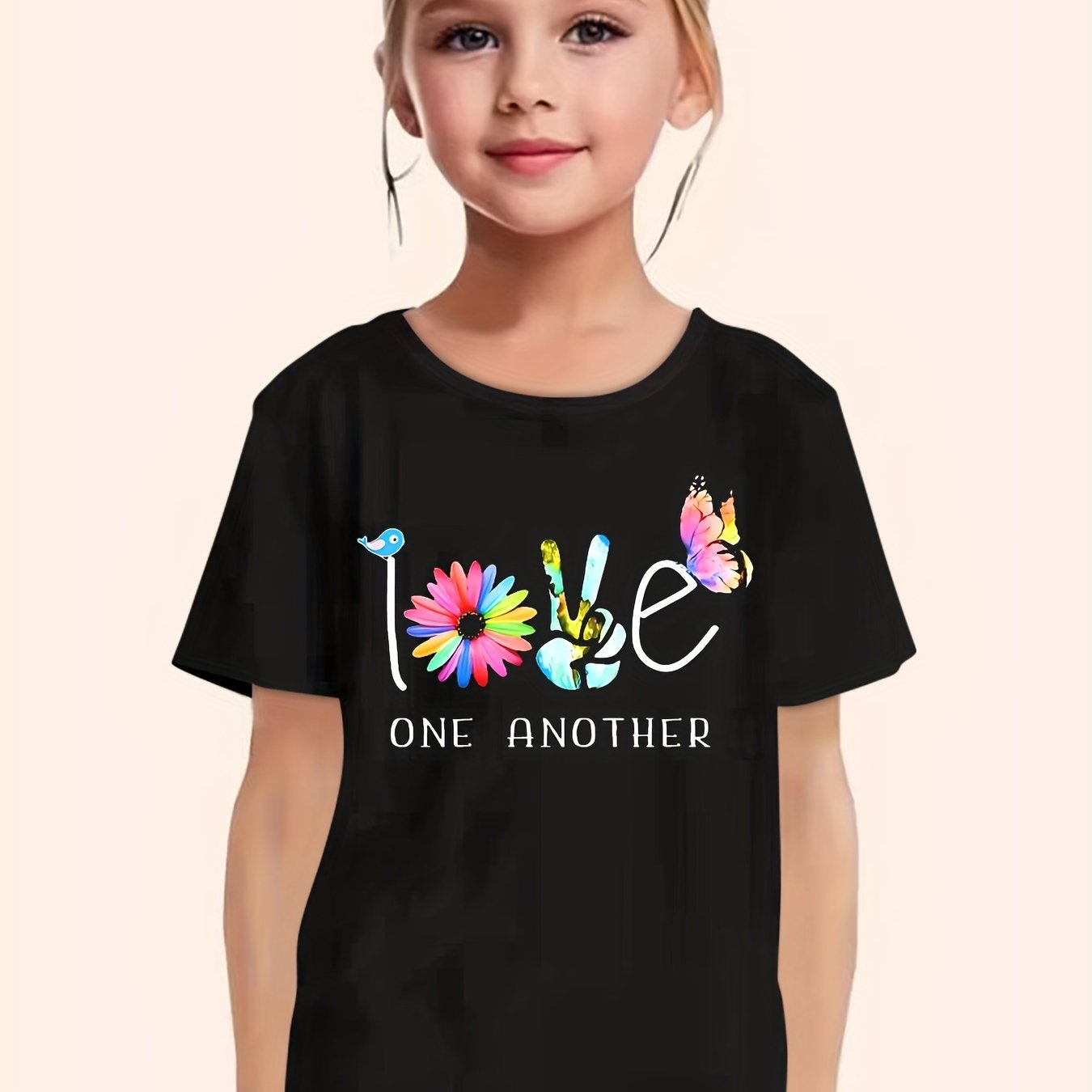 LOVE & Butterfly Graphic Short Sleeve T shirt Girls Versatile Pullover Tops