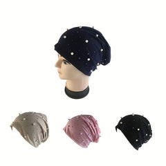Faux Pearl Decor Beanie Solid Elastic Skull Cap Women Slouchy Baggy Hats