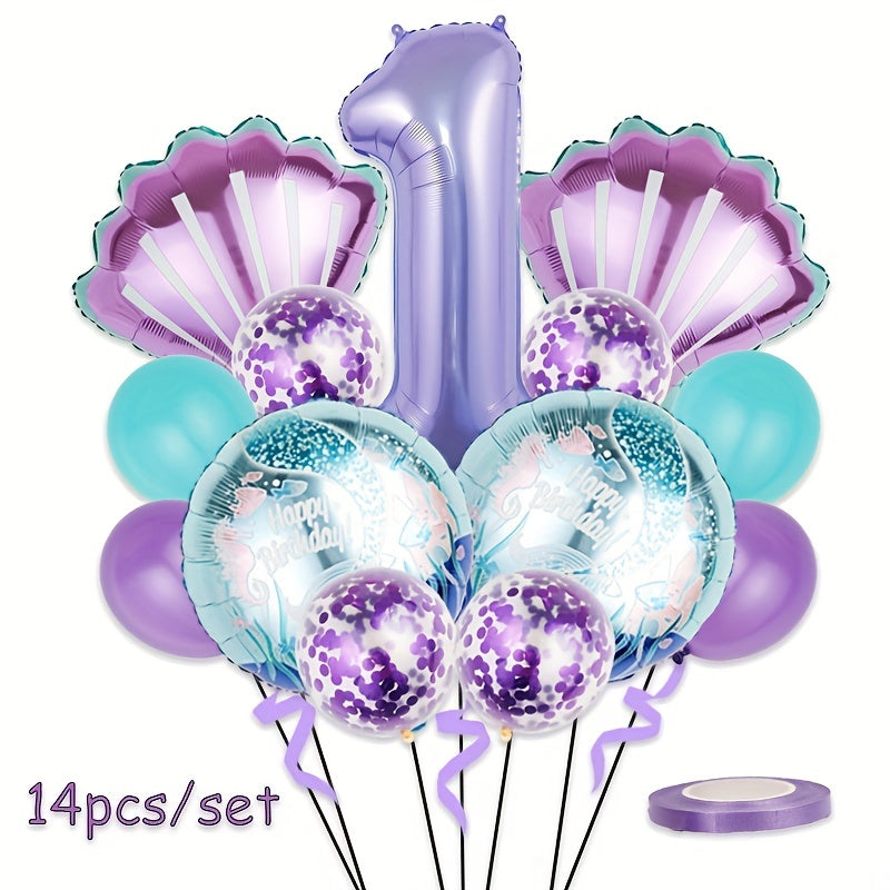 Mermaid Themed Birthday Party Balloon Set - Purple Shells & Numbers