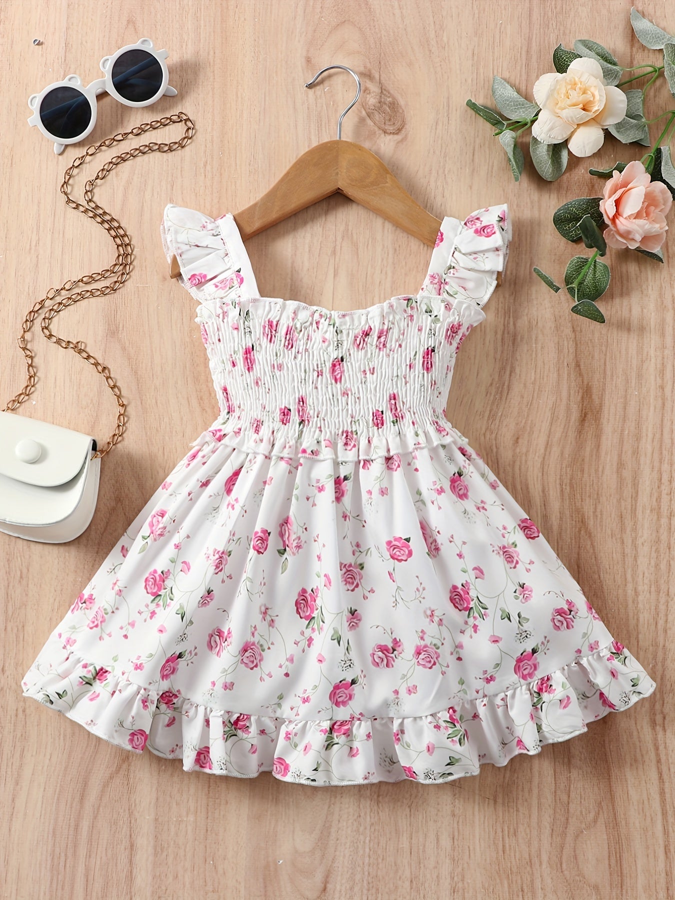 Girls Fly Sleeve Ruffled Dress, Ditsy Print