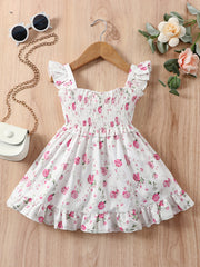 Girls Fly Sleeve Ruffled Dress, Ditsy Print