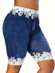Casual Shorts Women's Plus Floral & Denim Print Shorts