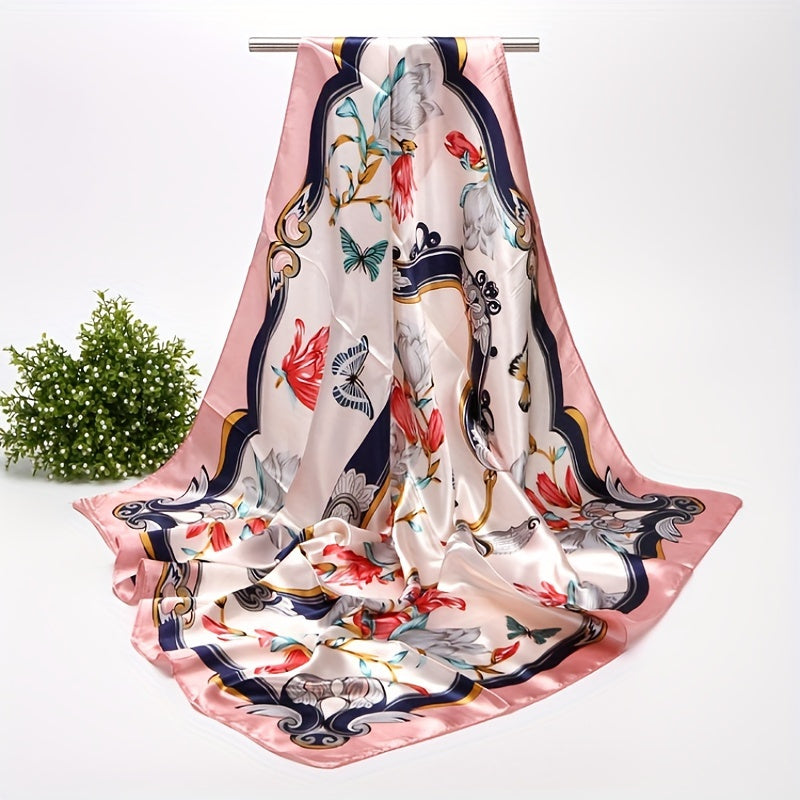Butterfly Flower Print Satin Scarf Bandana Shawl