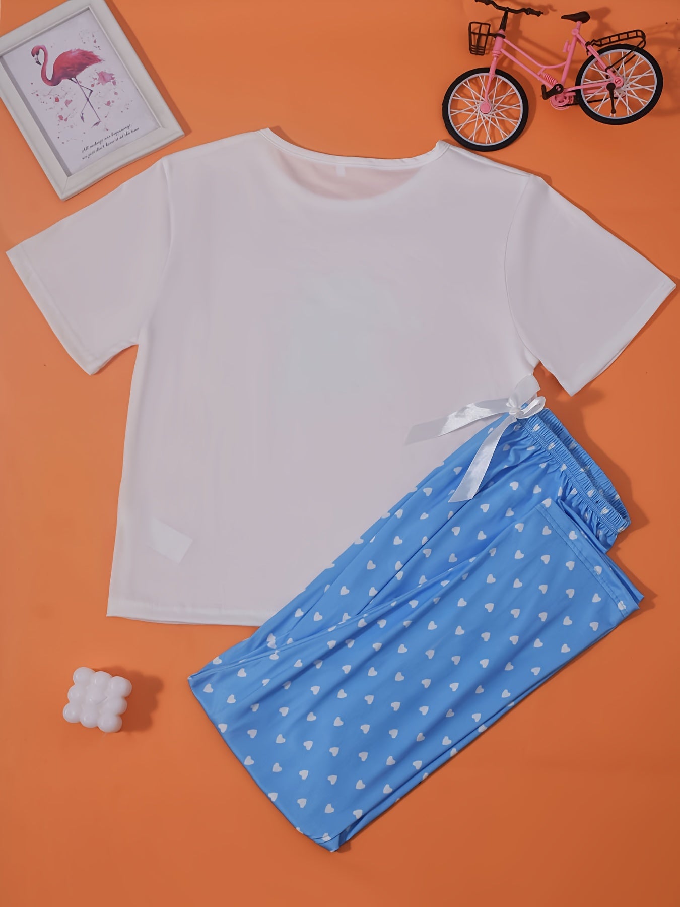 Bear Print Pajama Set Short Sleeve Top & Pants Women's Sleepwear