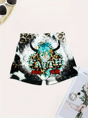 Cow Skull & Letter Print Shorts Women's Clothing