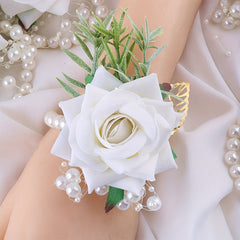 Simulation Flower Wrist Band Faux Pearl Beaded Bridal Wedding Accessory
