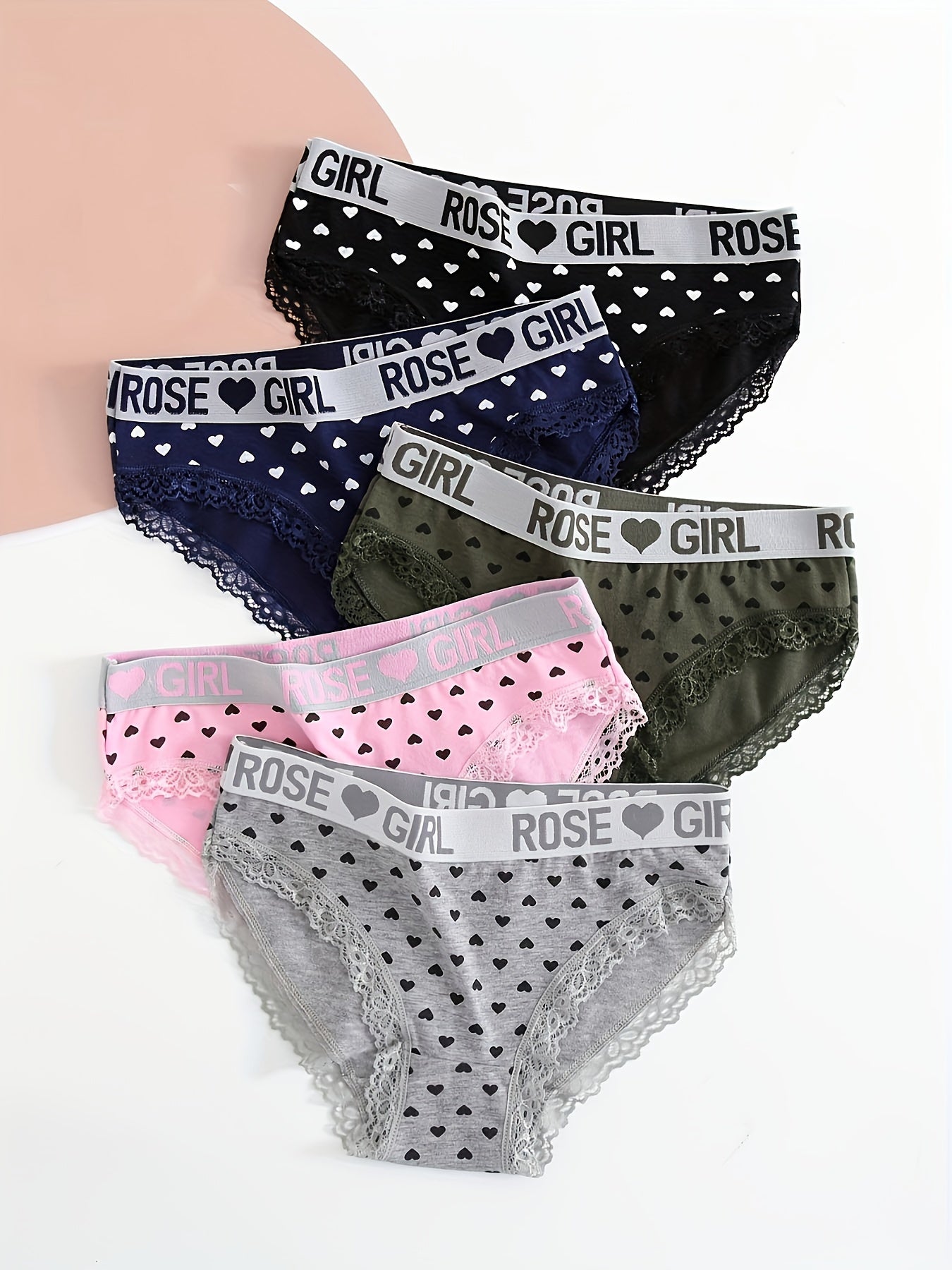 5pcs Letter & Heart Print Briefs Lace Trim Panties Women's Lingerie