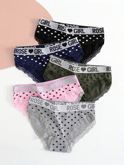 5pcs Letter & Heart Print Briefs Lace Trim Panties Women's Lingerie