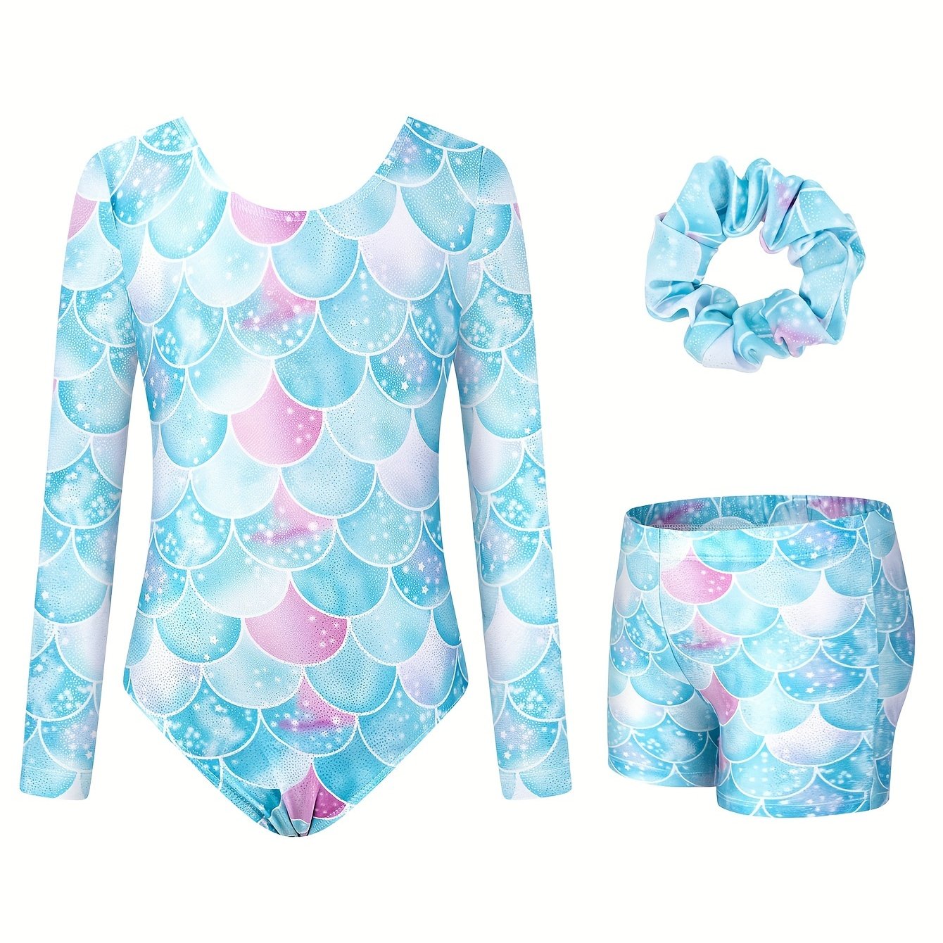 3pcs Girls Fish Scale Gymnastics Leotard Outfits Dance Performance Gift