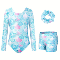 3pcs Girls Fish Scale Gymnastics Leotard Outfits Dance Performance Gift