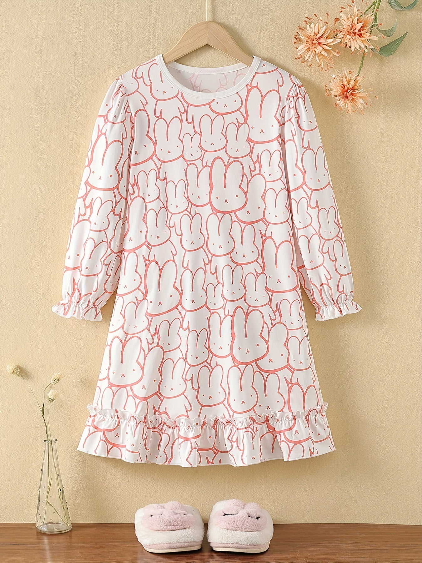 Girls Nightdress Rabbit Print Ruffle Decor PJ Long Sleeve Round Neck Dress