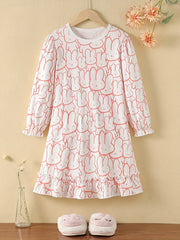Girls Nightdress Rabbit Print Ruffle Decor PJ Long Sleeve Round Neck Dress