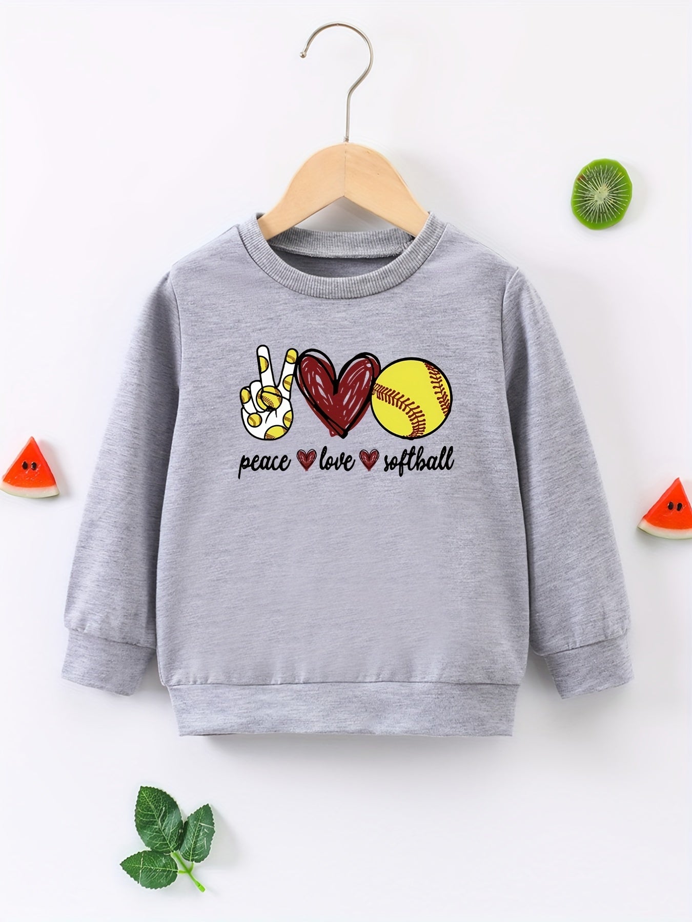 Girls Round Neck Sweatshirt Peace Love Softball Casual Comfort Fit