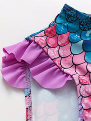 Girls Swimsuit Gradient Fish Scale Graphic Quick Dry Halter Sleeveless Swimwear
