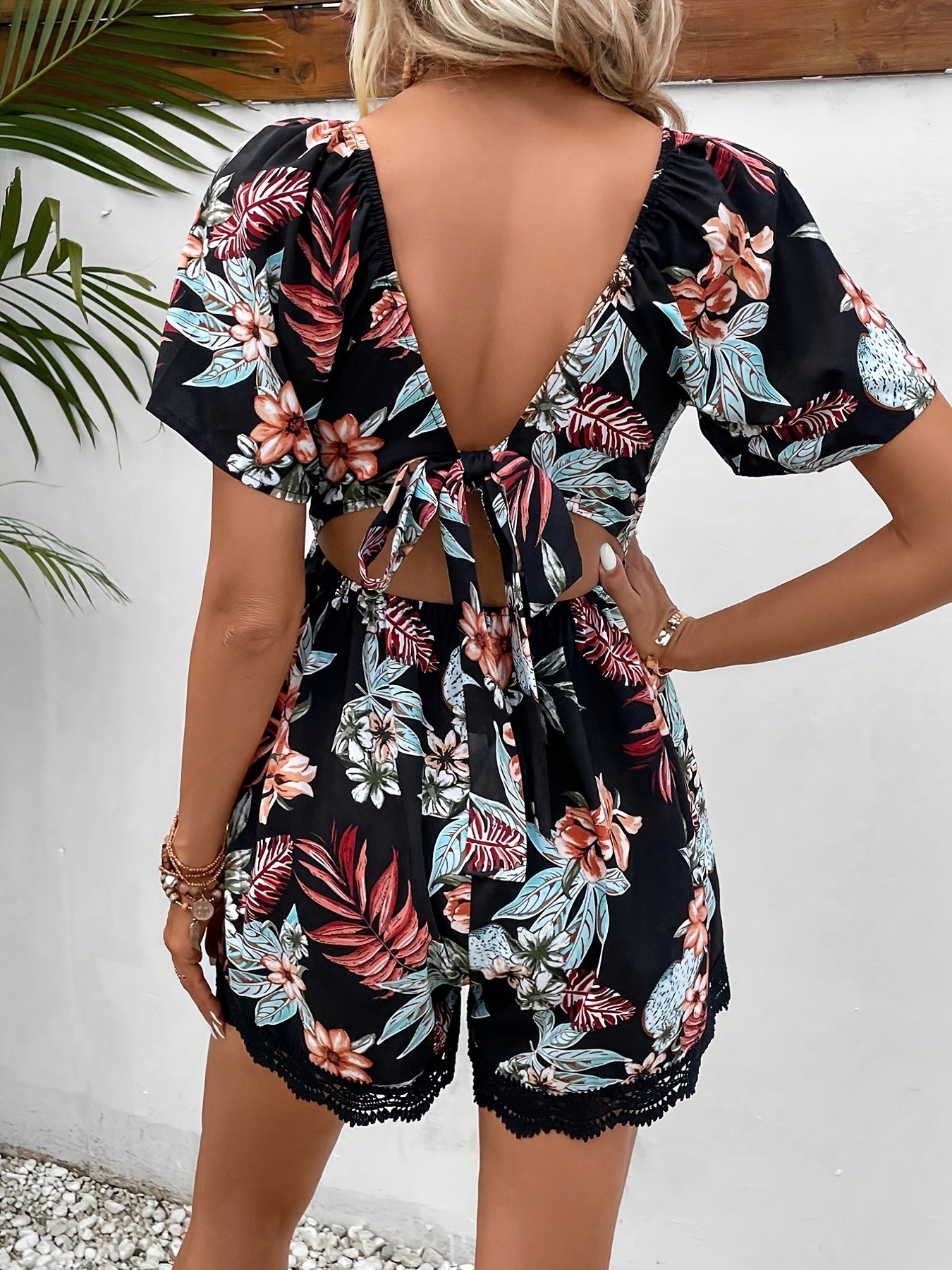 Floral Print Lace Romper Tie Back Short Sleeve Vacation