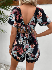 Floral Print Lace Romper Tie Back Short Sleeve Vacation