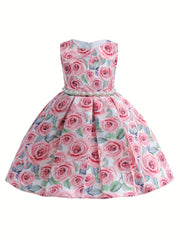 Girls Sleeveless Flowers Graphic Princess Dress Gown Piano Performance Dress