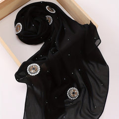 Faux Pearl Chiffon Hijab Scarf Solid Shawl Head Wrap Turban for Women