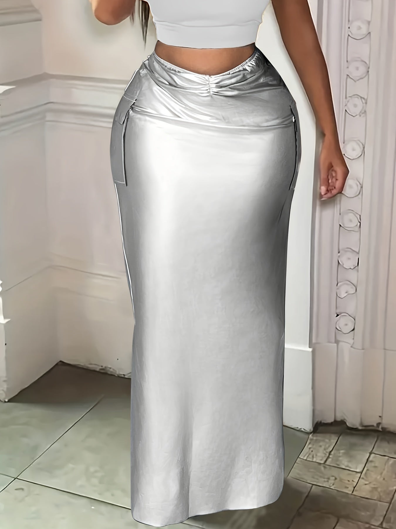 Sexy Split Maxi Bodycon Metallic Skirt