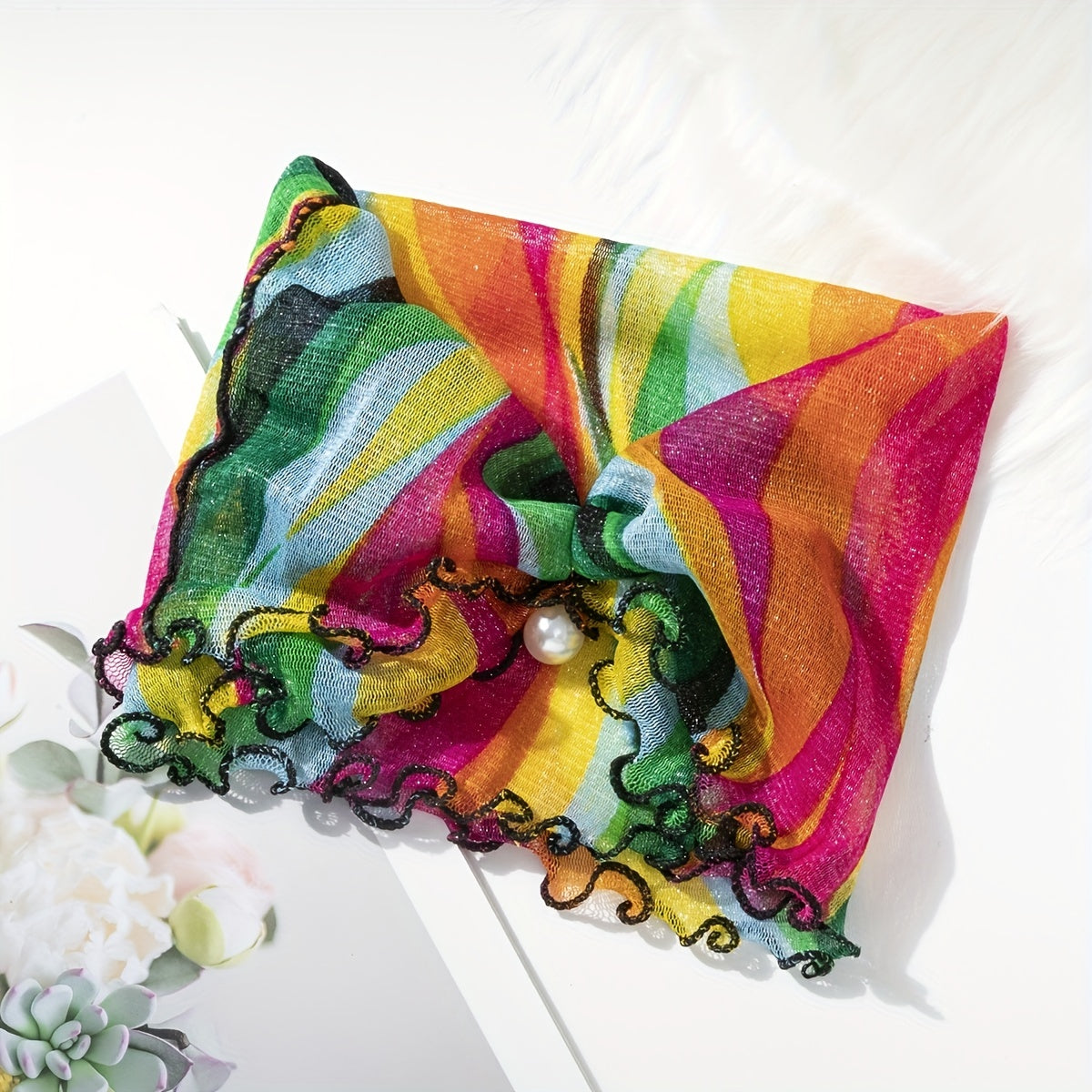 Colorful Striped Ruffle Scarf Neckerchief Faux Pearl Decor Headband