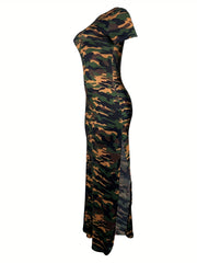 Camo Print Side Split Dress Short Sleeve Casual Dress Spring Summer