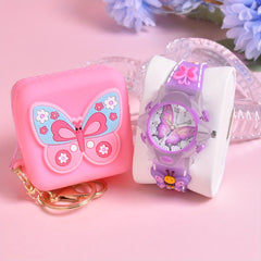 Girls' 3D Butterfly Silicone Strap Watch with LED Flash Quartz Wristwatch Set