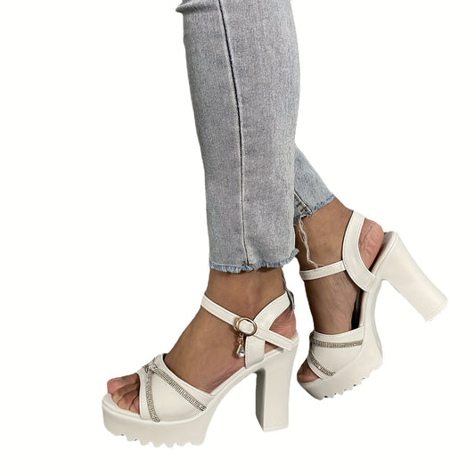 Rhinestone Block Heel Platform Pumps Slingback Buckle Strap