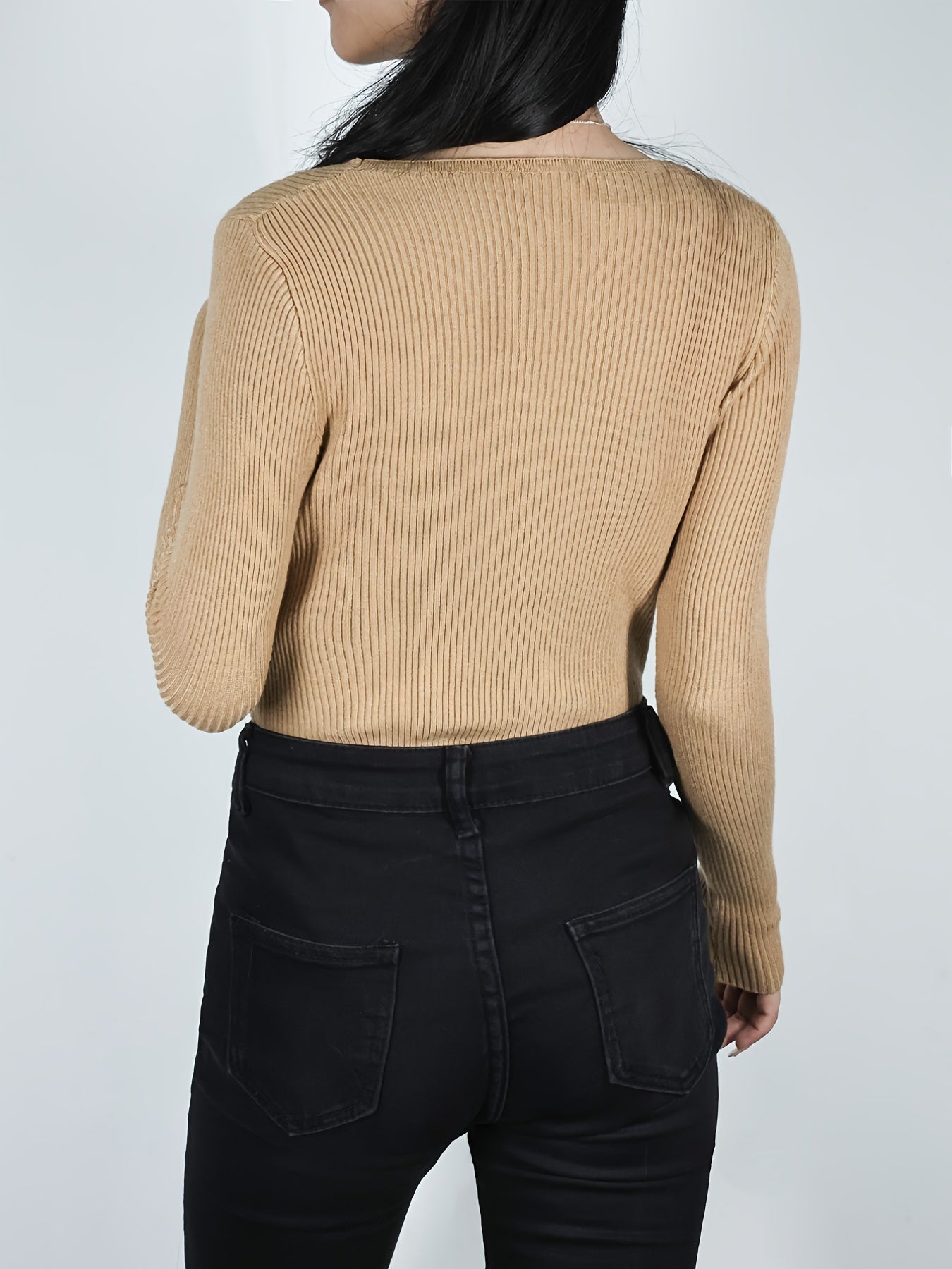 Solid V Neck Sweater Long Sleeve Casual Tops for Women