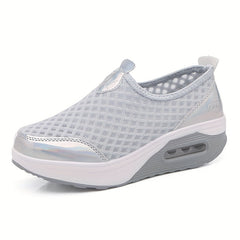 Argyle Pattern Mesh Wedge Sneakers Air Cushion Casual Walking Shoes