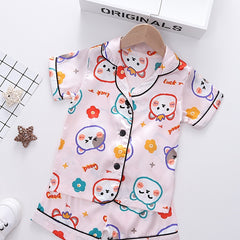 Girls Bear Graphic Pajama Set V neck Button Short Sleeve Top & Shorts