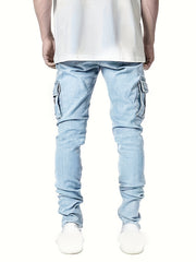 Men's Slim Fit Cargo Jeans Solid Mid Denim Pants