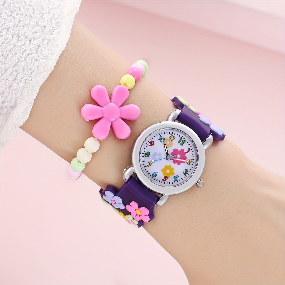 Kids Flower Pattern Watch, Bracelet, Necklace Set