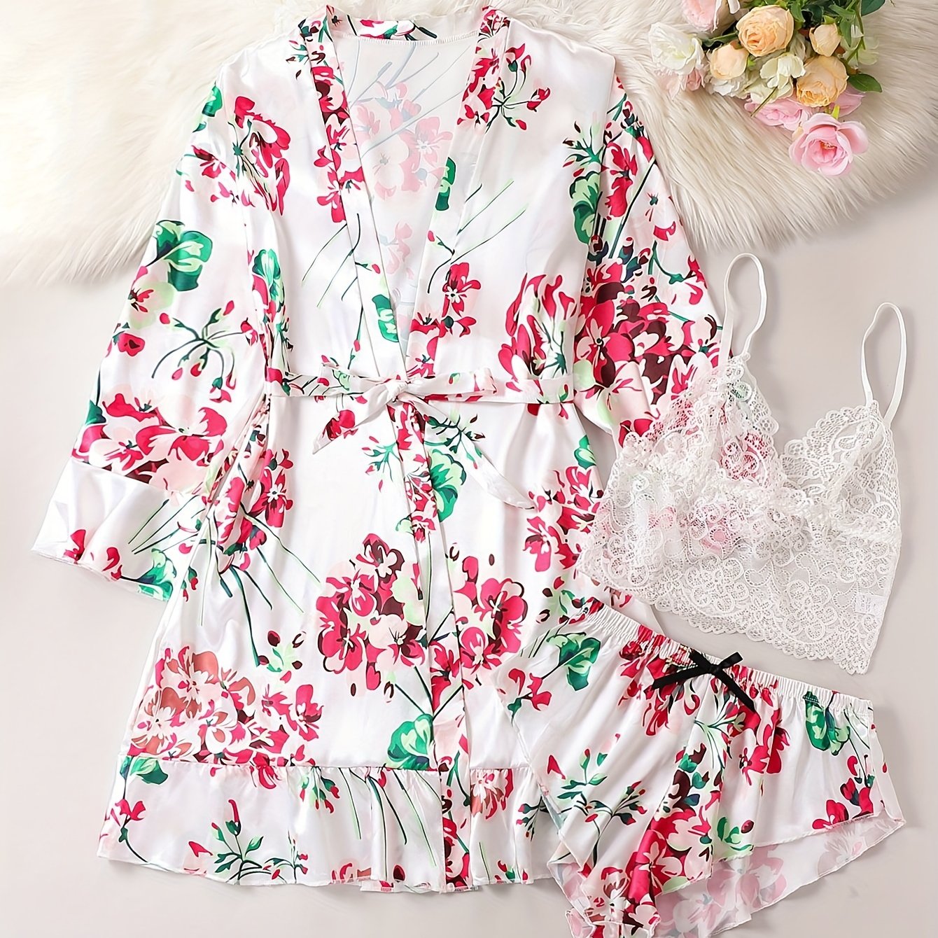 Floral Print Lounge Set Long Sleeve Ruffle Robe & Cami Top & Shorts
