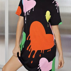 Heart Print Lounge Dress Soft & Comfy Short Sleeve Crew Neck Home Dress