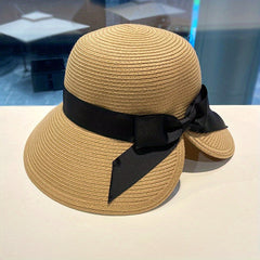 Bowknot Ponytail Sun Hat Vintage Wide Brim Straw Hats Classic Foldable