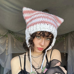 Y2K Stripe Crochet Beanie Cap Hip Hop Monster Cat Ears Knit Hat