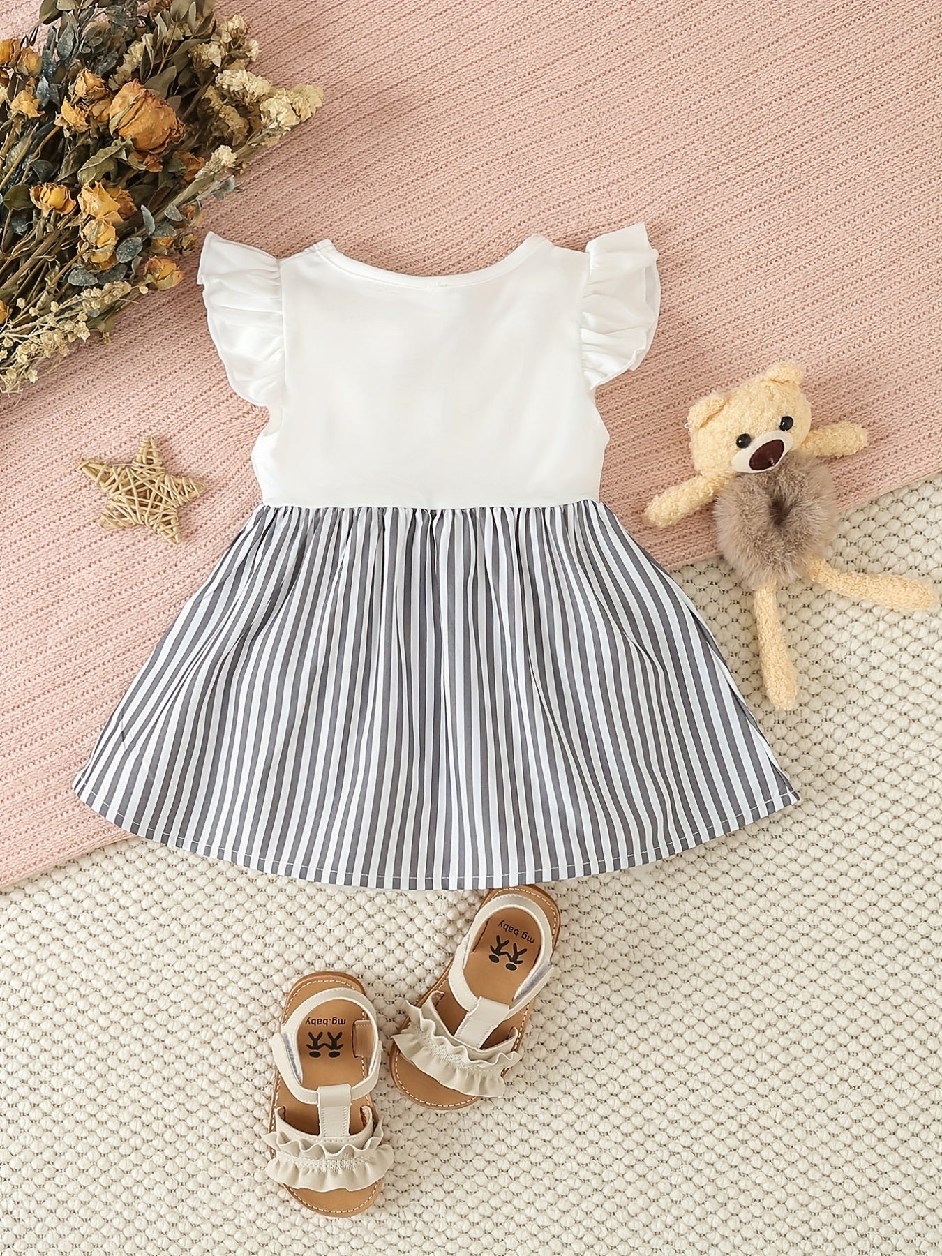Baby Girl Cartoon Bow Striped Flutter Sleeve Dress