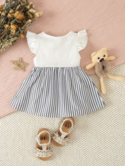 Baby Girl Cartoon Bow Striped Flutter Sleeve Dress