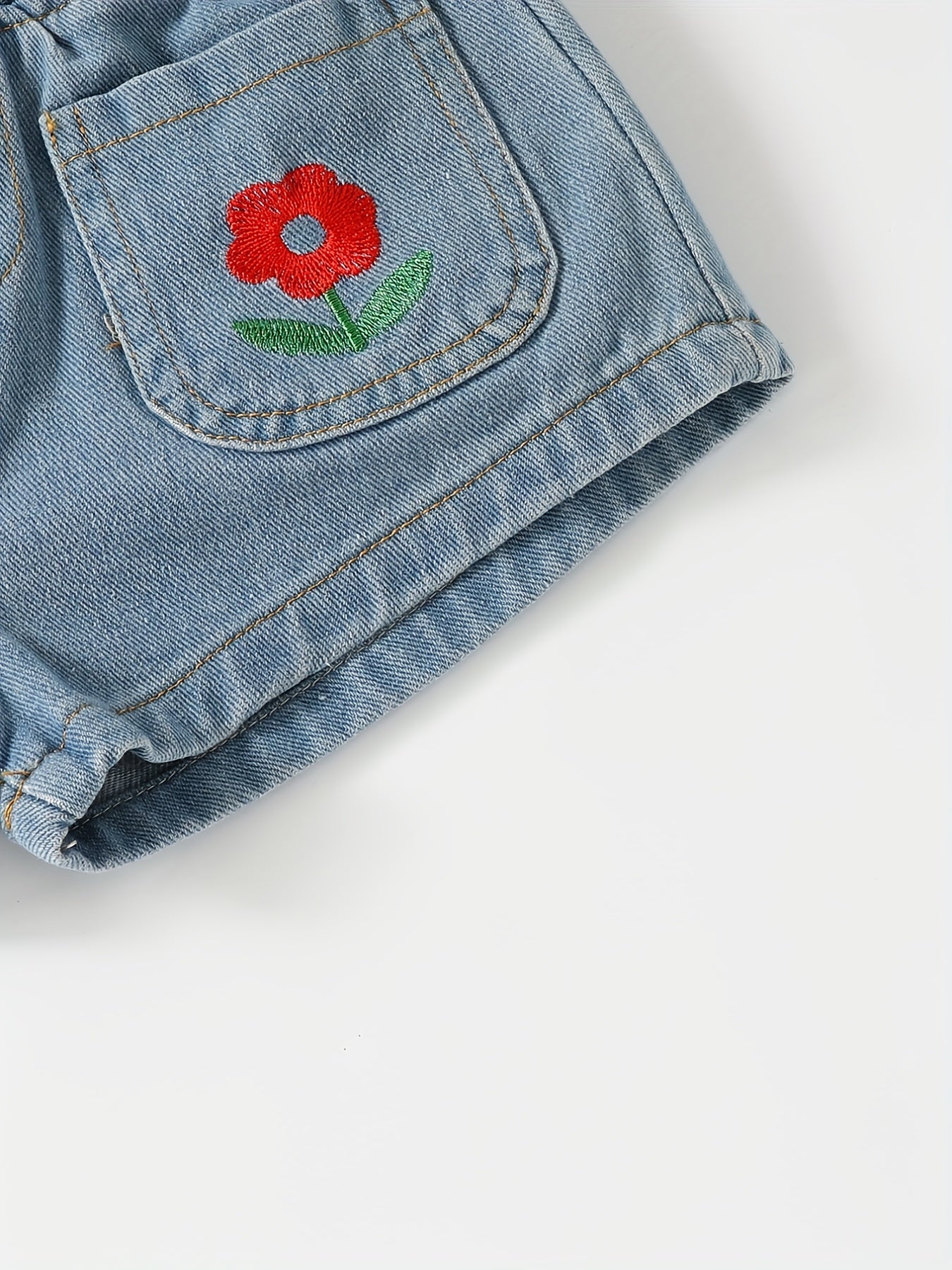 Toddler Girls Flower Embroidered Shorts Elastic Waist Button Casual Denim