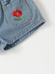 Toddler Girls Flower Embroidered Shorts Elastic Waist Button Casual Denim