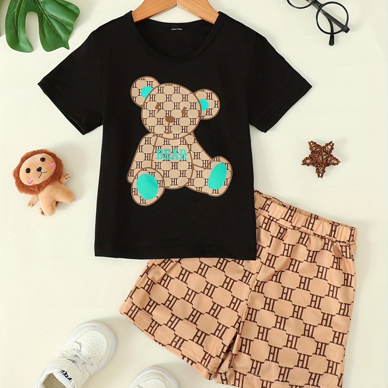 Boys Bear Graphic T-shirt & Shorts Set Kids Summer Clothes