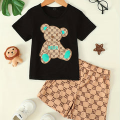 Boys Bear Graphic T-shirt & Shorts Set Kids Summer Clothes