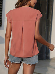 V Neck Cap Sleeve Top Button Front Solid