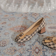 Retro Houndstooth Chunky Heels Classic Square Toe Pumps