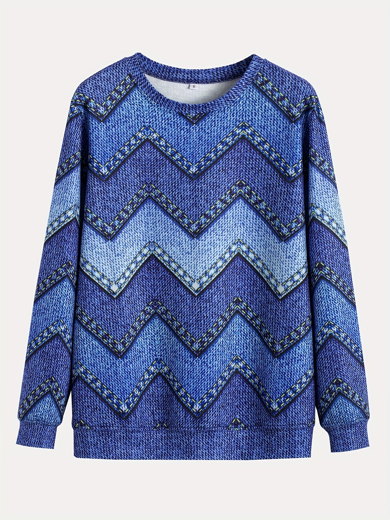 Denim Print Pullover Sweatshirt Long Sleeve Crew Neck Casual Fall Winter