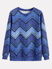 Denim Print Pullover Sweatshirt Long Sleeve Crew Neck Casual Fall Winter